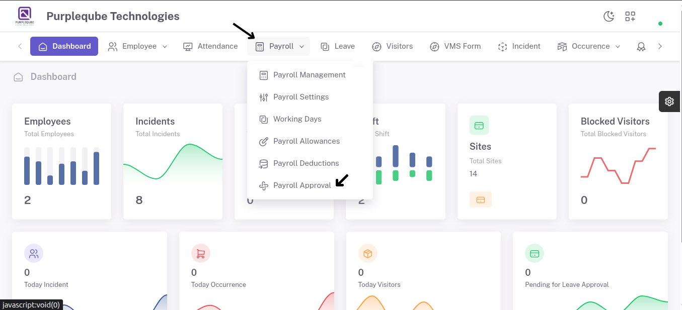 Dashboard showing Payroll dropdown menu expanded with Payroll Approval submenu highlighted